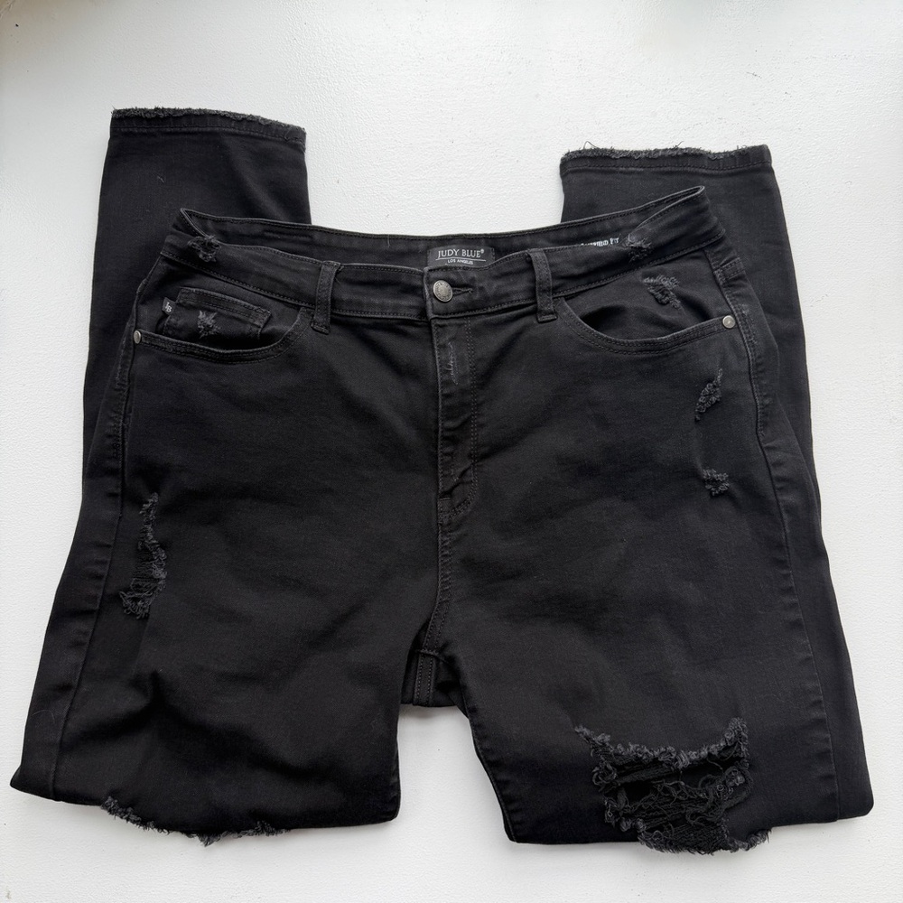 JUDY BLUE Boyfriend Fit Black Denim Distressed Jeans 15 32